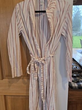 Garnet Hill Cream Robe with Red Stripes 100% Organic Cotton